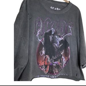 Urban Outfitters AC DC Tee Glitter Distressed Boxy Oversized Faded Raw Hem L/XL